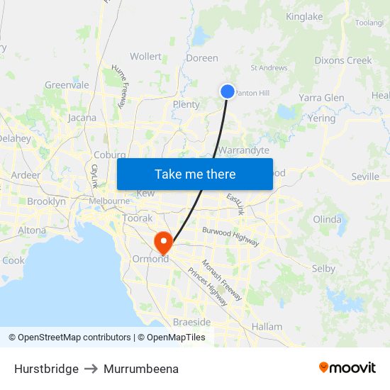 Hurstbridge to Murrumbeena map