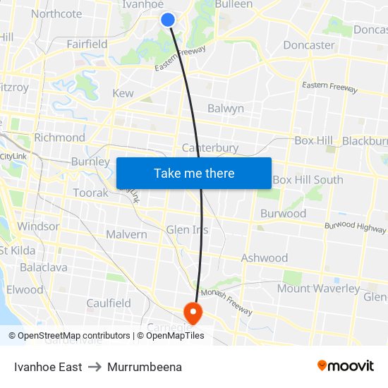 Ivanhoe East to Murrumbeena map