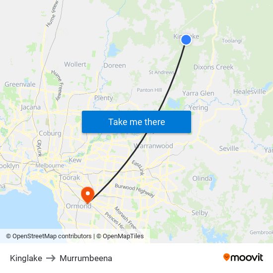 Kinglake to Murrumbeena map