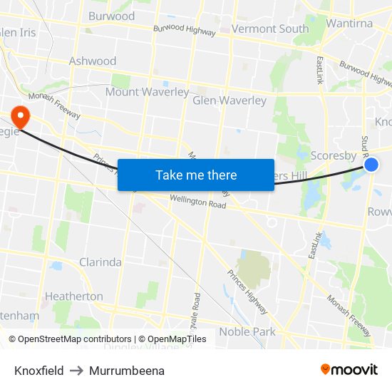 Knoxfield to Murrumbeena map