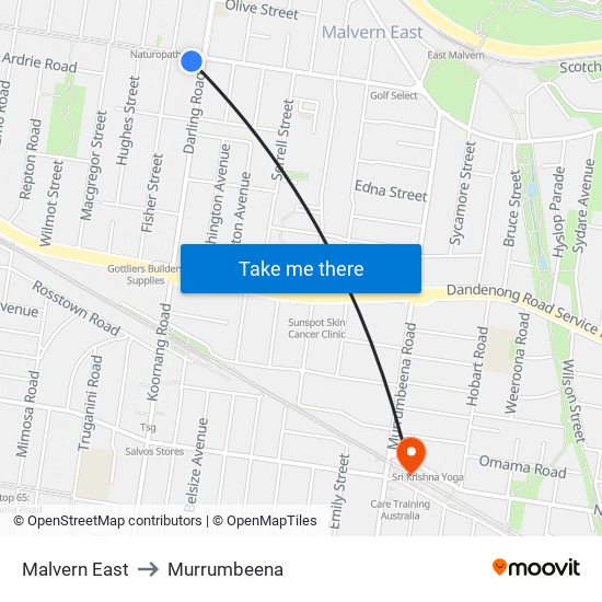 Malvern East to Murrumbeena map