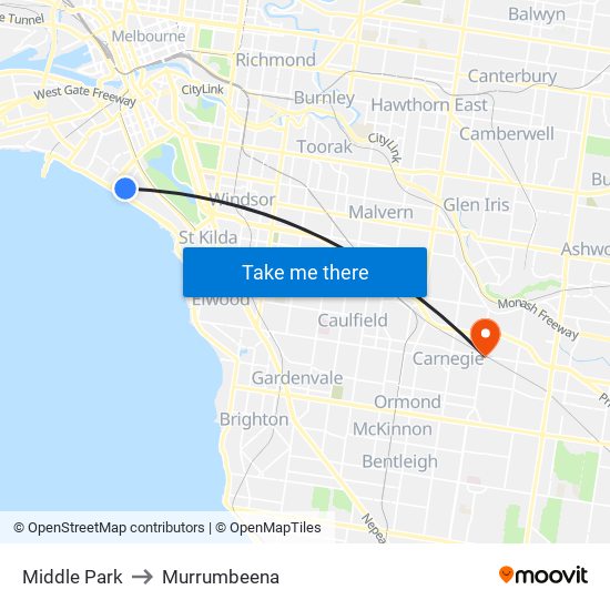 Middle Park to Murrumbeena map