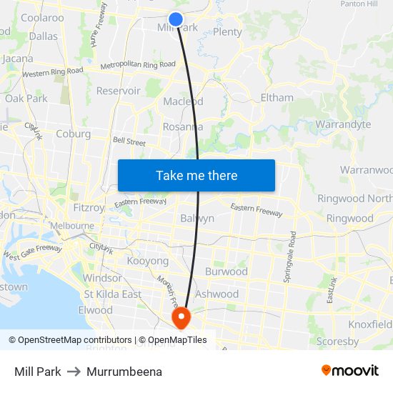 Mill Park to Murrumbeena map