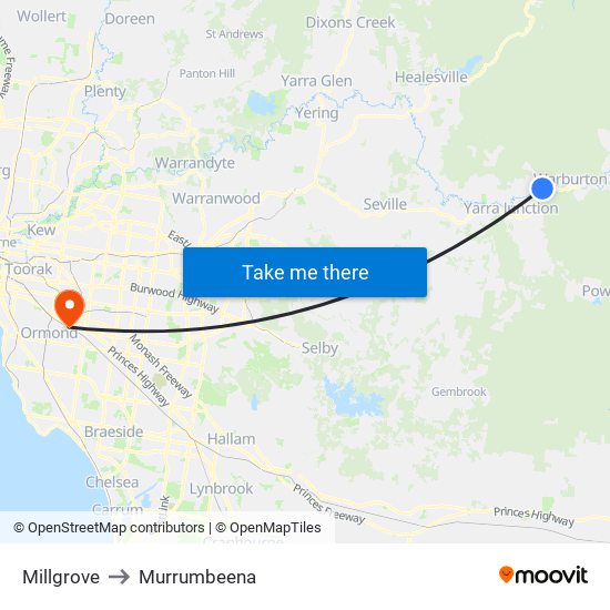 Millgrove to Murrumbeena map