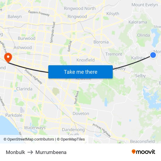 Monbulk to Murrumbeena map