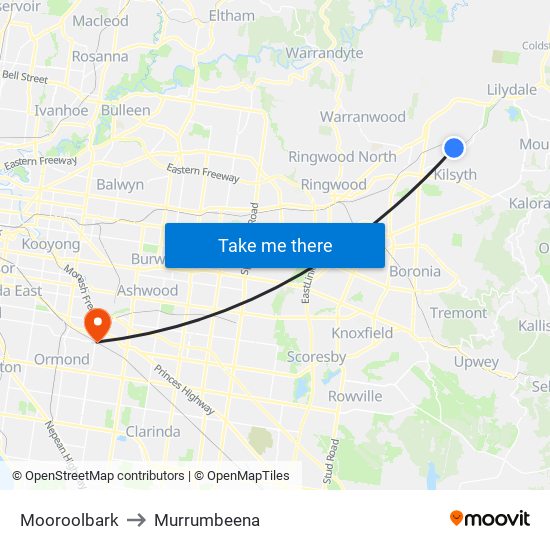 Mooroolbark to Murrumbeena map