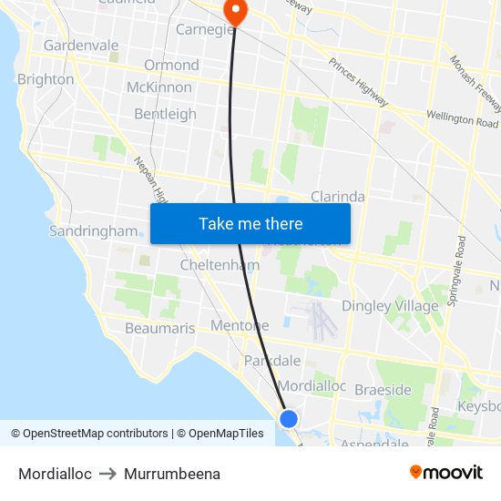 Mordialloc to Murrumbeena map