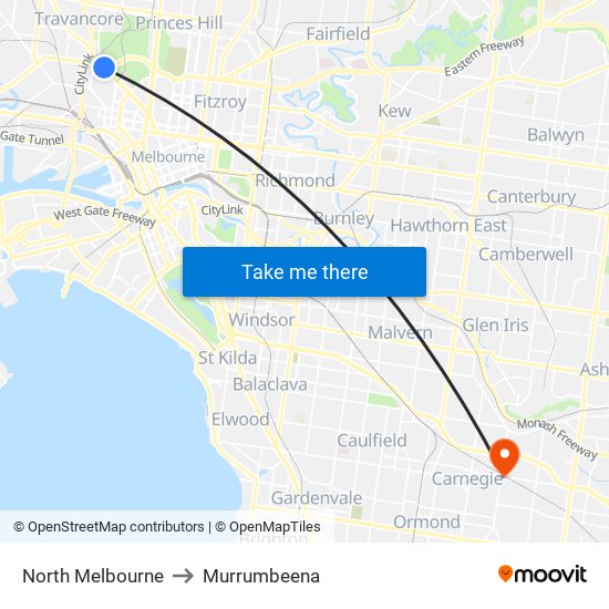 North Melbourne to Murrumbeena map