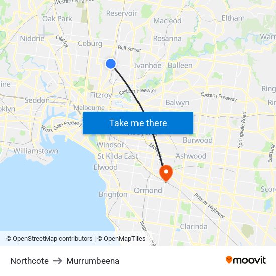 Northcote to Murrumbeena map