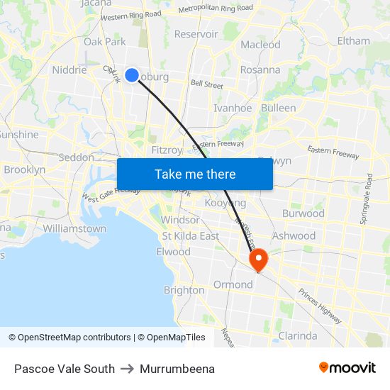 Pascoe Vale South to Murrumbeena map