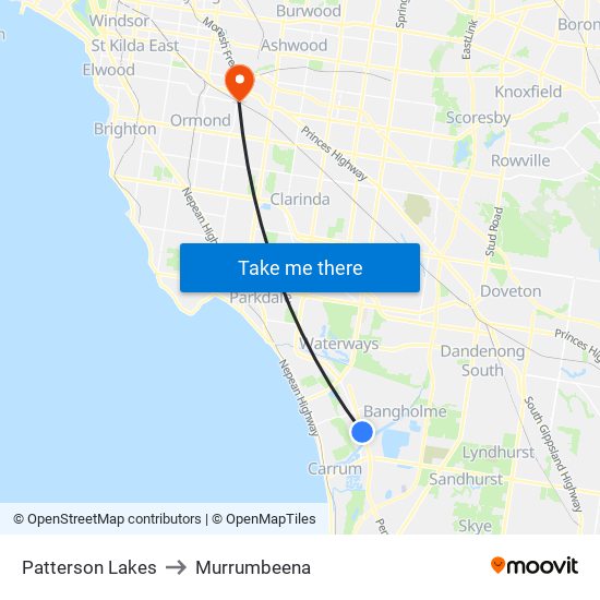 Patterson Lakes to Murrumbeena map