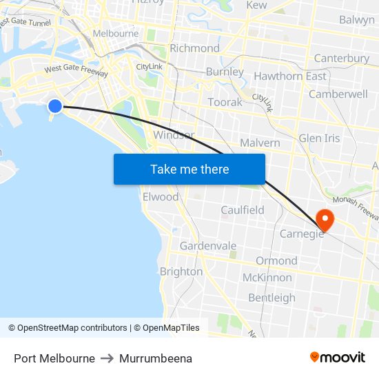 Port Melbourne to Murrumbeena map