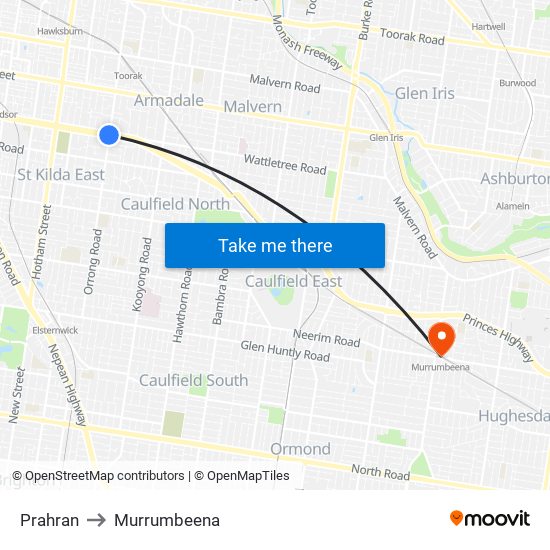 Prahran to Murrumbeena map