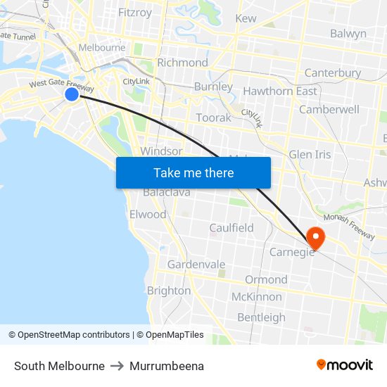 South Melbourne to Murrumbeena map