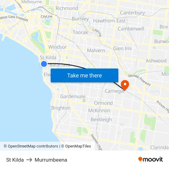 St Kilda to Murrumbeena map