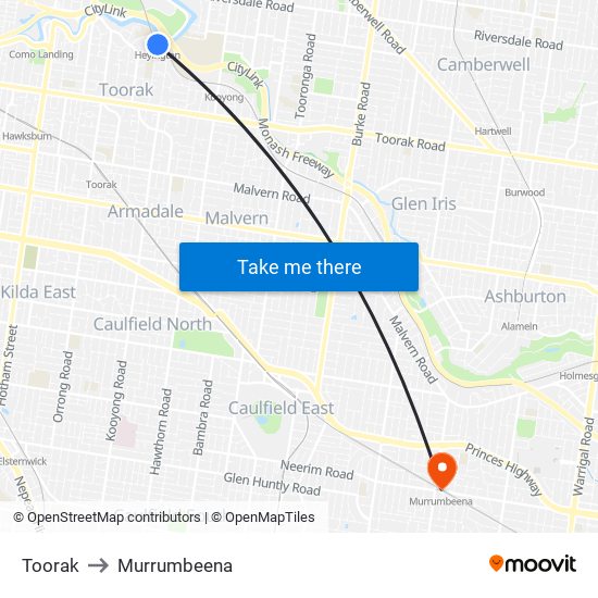 Toorak to Murrumbeena map