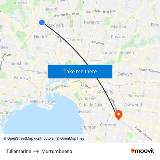 Tullamarine to Murrumbeena map