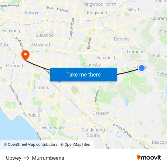 Upwey to Murrumbeena map