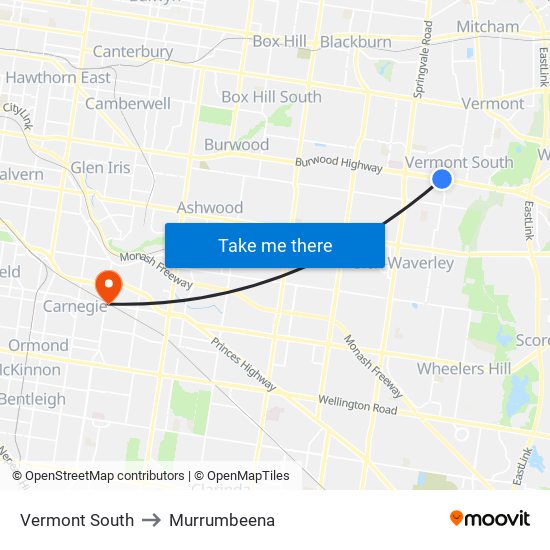 Vermont South to Murrumbeena map