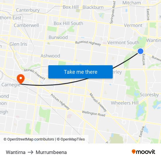 Wantirna to Murrumbeena map