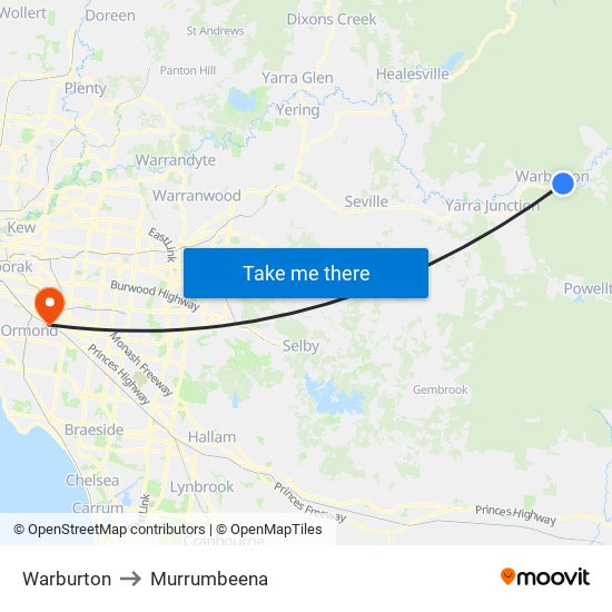 Warburton to Murrumbeena map