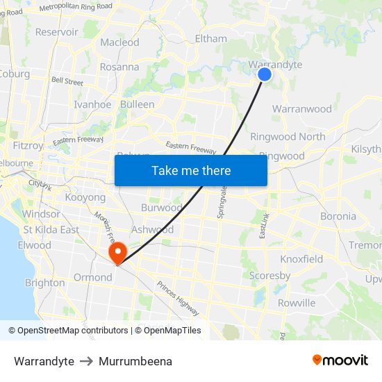 Warrandyte to Murrumbeena map