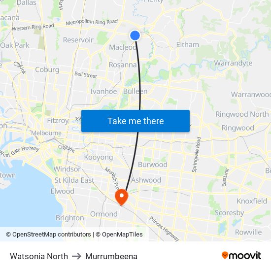 Watsonia North to Murrumbeena map