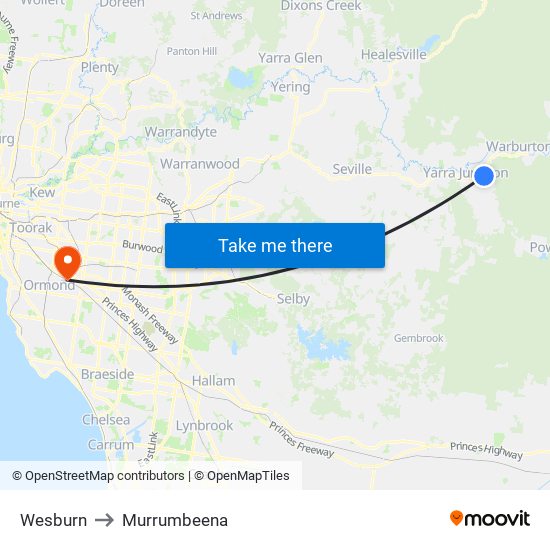 Wesburn to Murrumbeena map