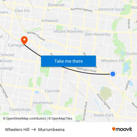 Wheelers Hill to Murrumbeena map