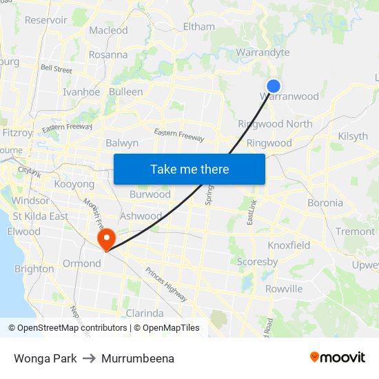 Wonga Park to Murrumbeena map