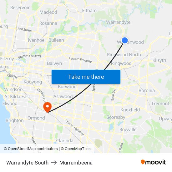 Warrandyte South to Murrumbeena map