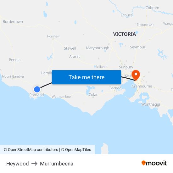 Heywood to Murrumbeena map