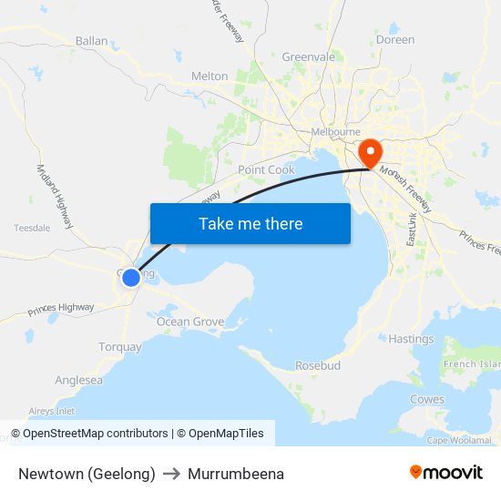 Newtown (Geelong) to Murrumbeena map