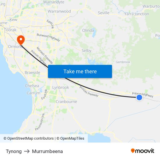 Tynong to Murrumbeena map