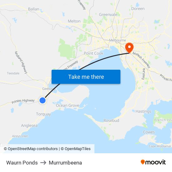 Waurn Ponds to Murrumbeena map