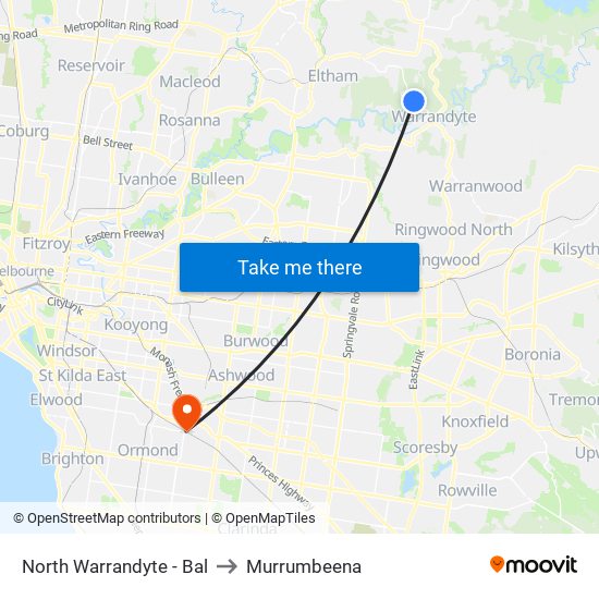 North Warrandyte - Bal to Murrumbeena map