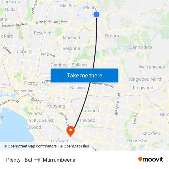 Plenty - Bal to Murrumbeena map