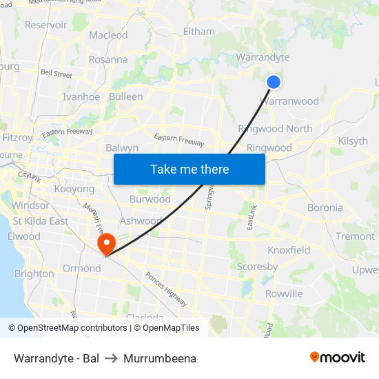 Warrandyte - Bal to Murrumbeena map