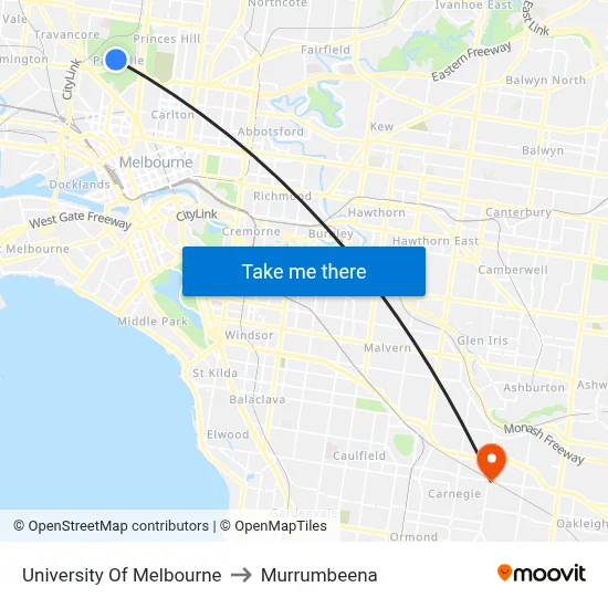 University Of Melbourne to Murrumbeena map