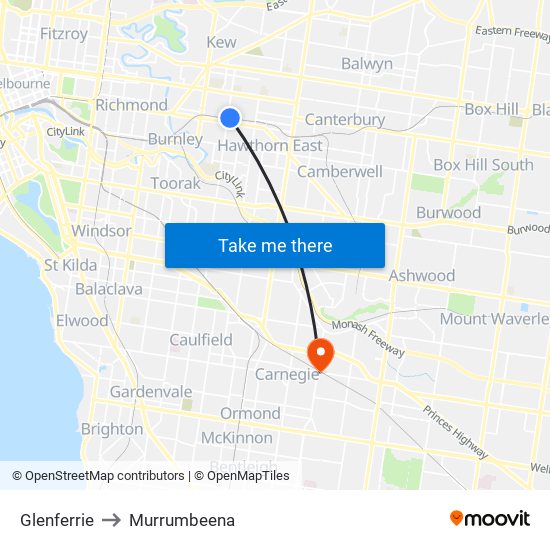 Glenferrie to Murrumbeena map