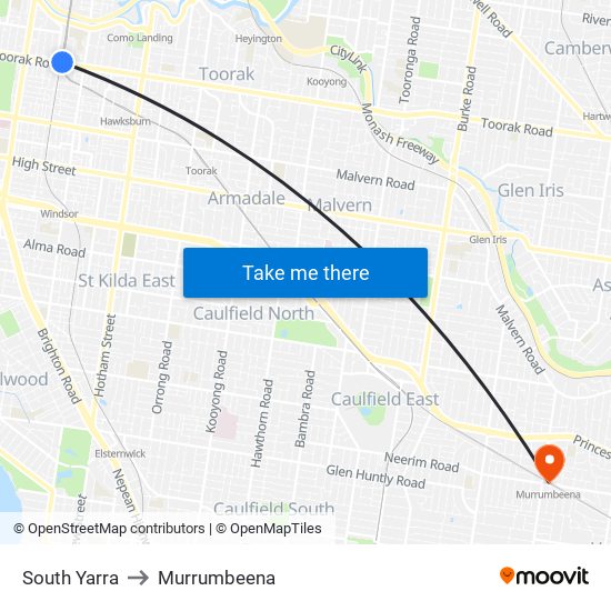 South Yarra to Murrumbeena map