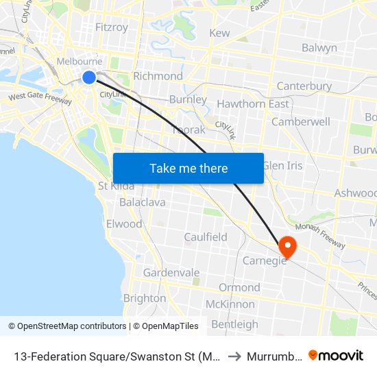 13-Federation Square/Swanston St (Melbourne City) to Murrumbeena map