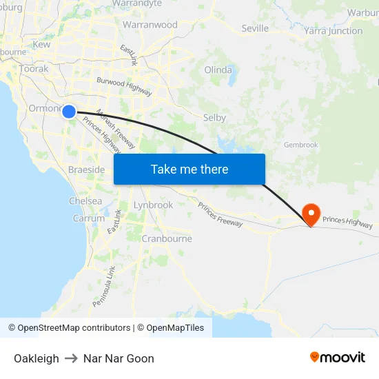 Oakleigh to Nar Nar Goon map