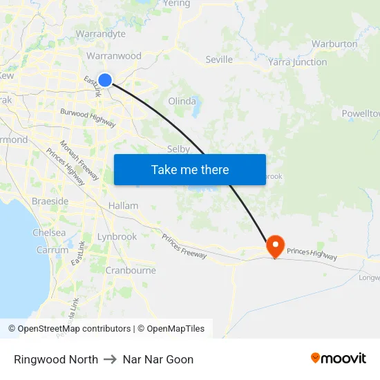 Ringwood North to Nar Nar Goon map