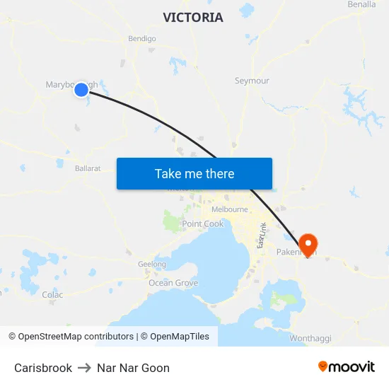 Carisbrook to Nar Nar Goon map