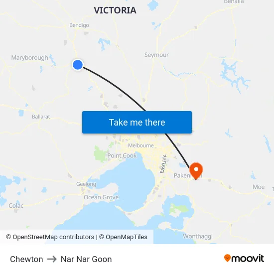 Chewton to Nar Nar Goon map
