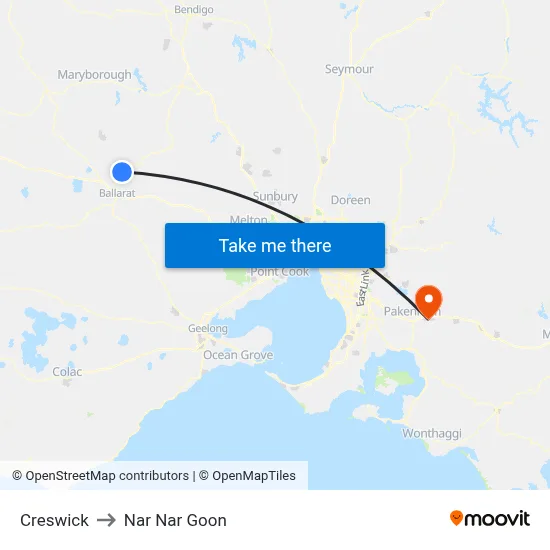 Creswick to Nar Nar Goon map