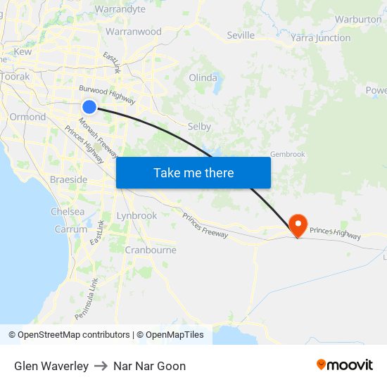 Glen Waverley to Nar Nar Goon map