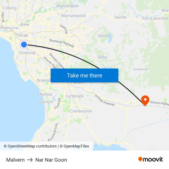 Malvern to Nar Nar Goon map