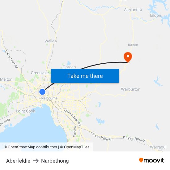 Aberfeldie to Narbethong map